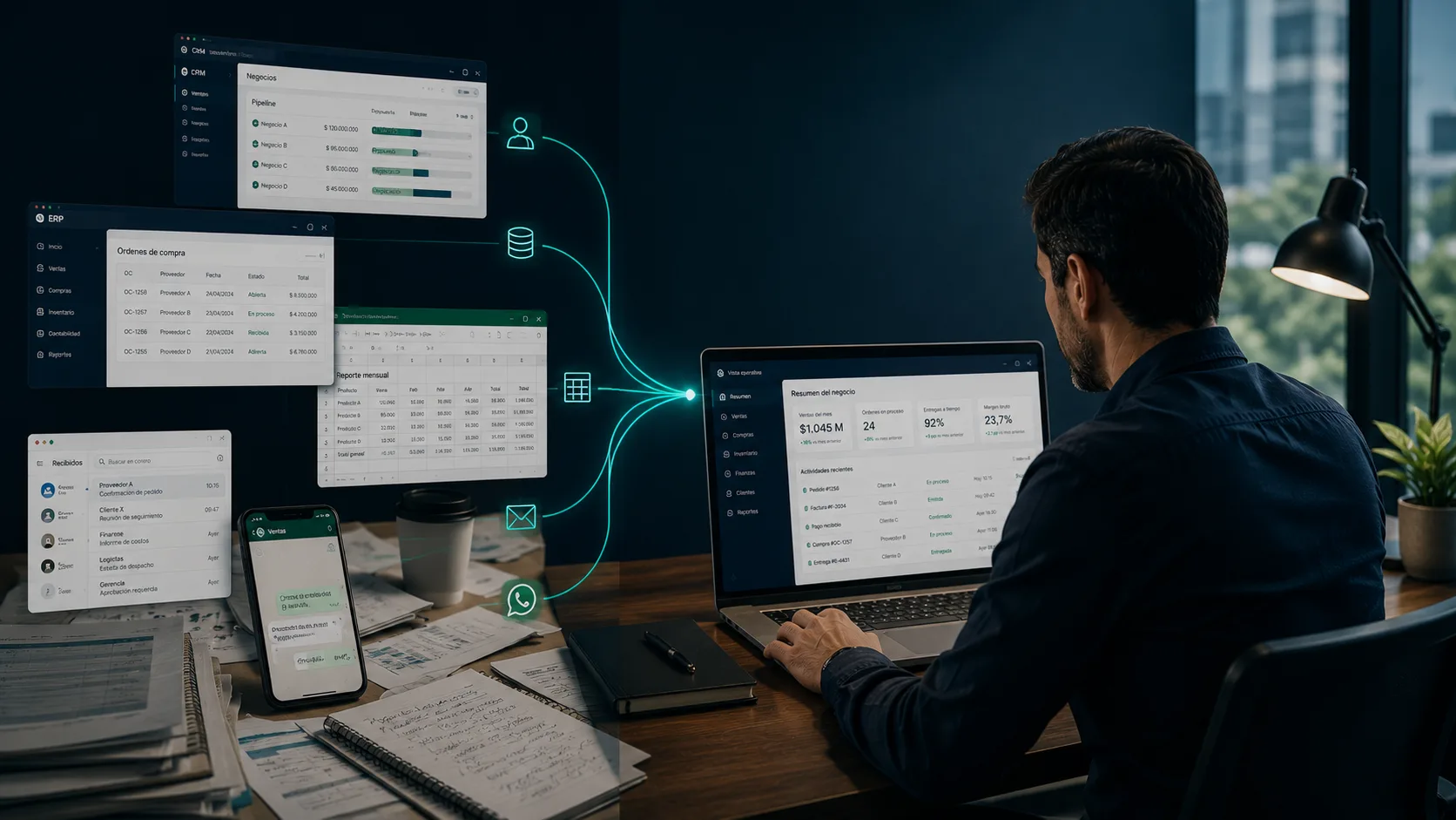 Ecosistema de conectores para CRM, ERP, repositorios documentales, correo, chat y bases de datos
