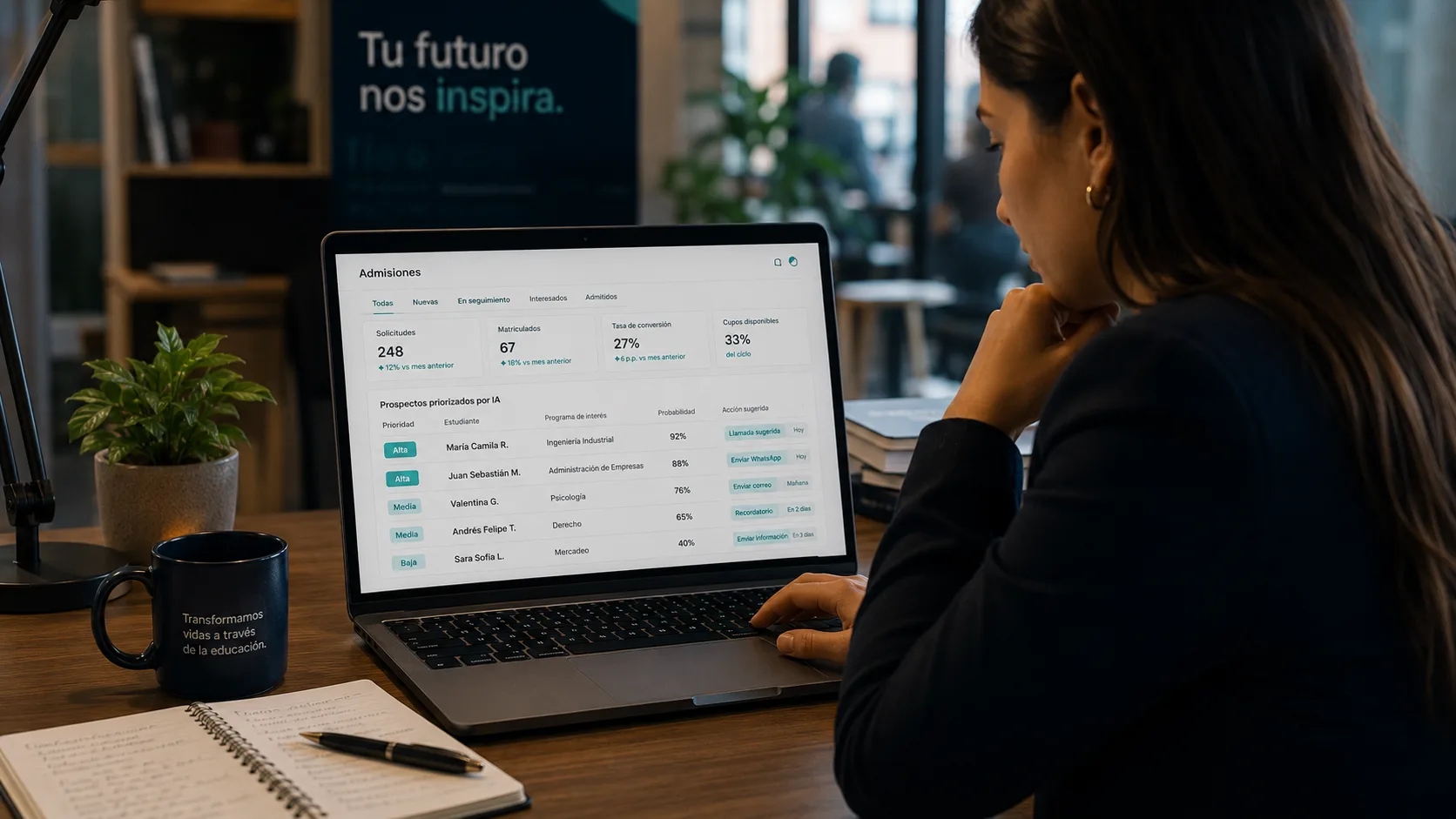 Agente de admisiones priorizando prospectos educativos, fuentes, campanas y proximas acciones comerciales