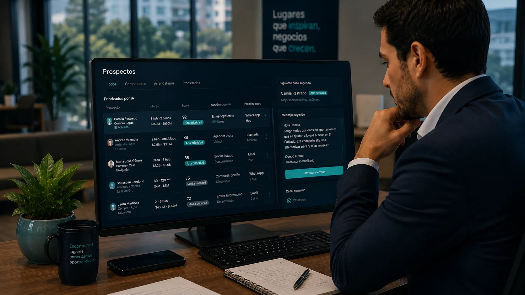 Agente comercial inmobiliario priorizando oportunidades, visitas, propietarios y seguimiento de prospectos